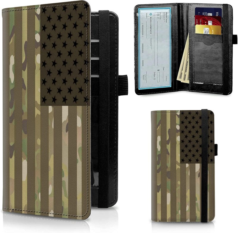 FUYOCWE Leather Checkbook Covers for Men Women Check book Holder Cover Wallets for Personal Checkbook Duplicate Checks with RFID Blocking & Elastic Strap-USA Flag Camouflage - Image 1